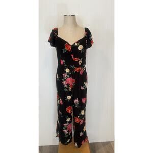 Floral Jumpsuit Womens Large Black Red Pink Yellow Wide Leg Flowy Romper Dressy